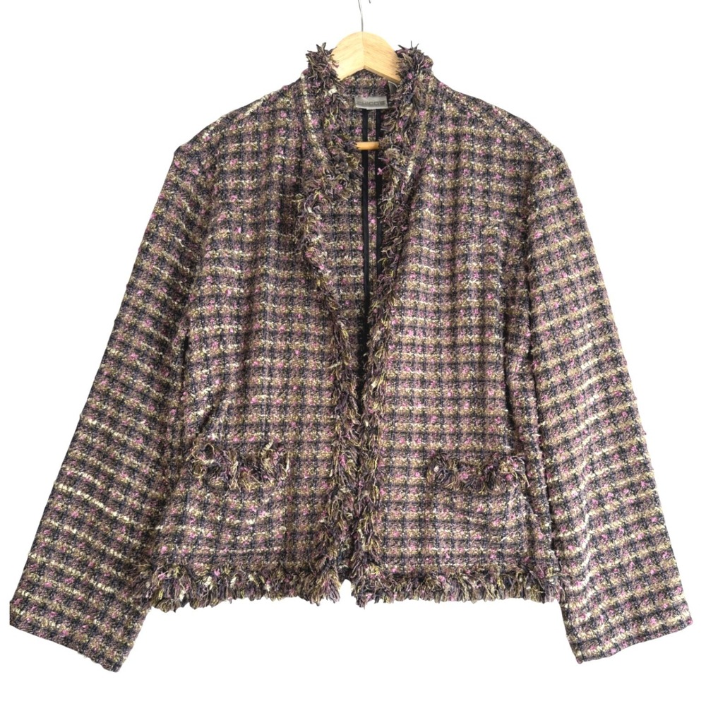 Vintage 90s Chicos Tweed Fringed Jacket Womens 3 XL Multicolor Plaid Office Chic